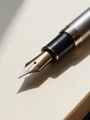 A tight macro shot of a classic fountain pen resting on heavy, textured cream paper stock, casting deep, sharp shadows under natural morning light.