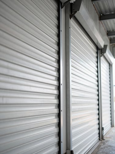 Bright high-contrast industrial lighting reflecting off clean corrugated steel roll-up doors in a wide warehouse corridor, geometric lines, secure lock details.
