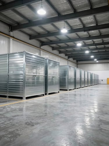 Wide angle shot of a clean, bright warehouse interior in Al Quoz, showing neat rows of steel storage units under high-contrast industrial lighting, concrete floor reflecting the overhead lights.