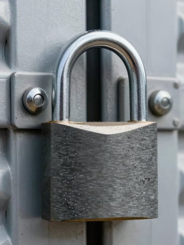 Macro close-up of a heavy-duty steel padlock securing a clean corrugated warehouse door, sharp metal textures, bright industrial lighting.