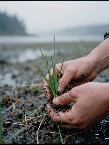 Close-up documentary shot of muddy hands carefully planting native eelgrass in a cold Washington estuary, overcast morning light, 35mm film grain