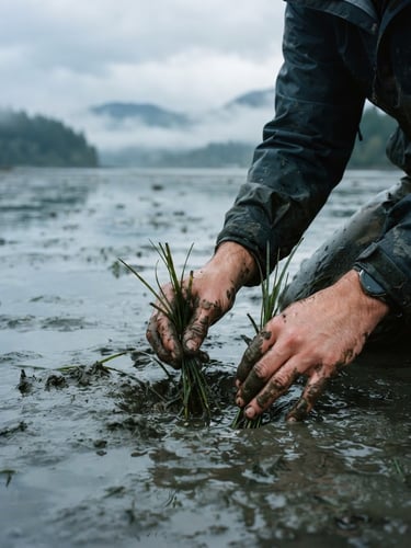 Candid documentary photo of muddy hands planting native eelgrass in a misty Washington estuary, overcast morning light, cool tones, 35mm film grain