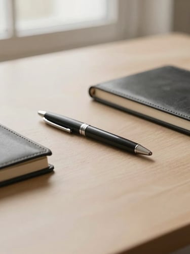 Close-up, minimalist editorial photograph of a clean, minimalist desk surface with a single, elegant pen and a leather-bound journal, soft natural window light, muted warm sand and charcoal tones, shallow depth of field.