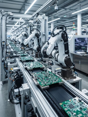 Wide panoramic shot of a clean, brightly lit automated assembly line with robotic arms precisely placing components on circuit boards, cool metallic tones, sharp focus on precision.
