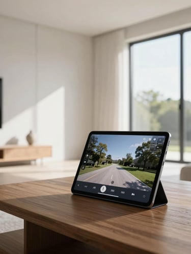 Minimalist modern living room with clean architectural lines, bright natural daylight streaming through large windows, and a sleek tablet on a wooden coffee table displaying a 360 virtual tour interface.