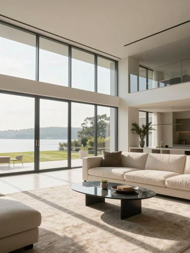 Bright modern architectural living room with floor-to-ceiling glass windows, soft afternoon sun casting long shadows, clean minimalist furniture, high-end design aesthetic.