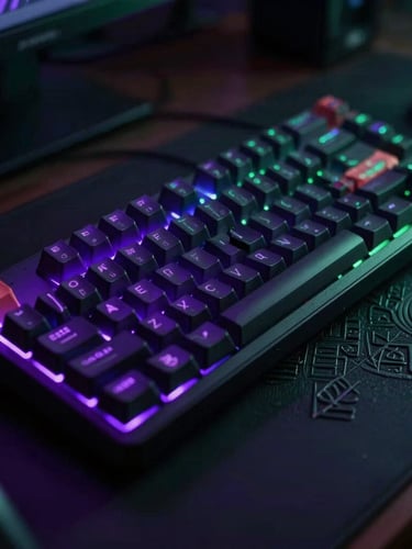 A close-up of a professional gaming setup in low-light, mechanical keyboard glowing with deep purple rim light, surrounded by ancient stone runes, cinematic 35mm