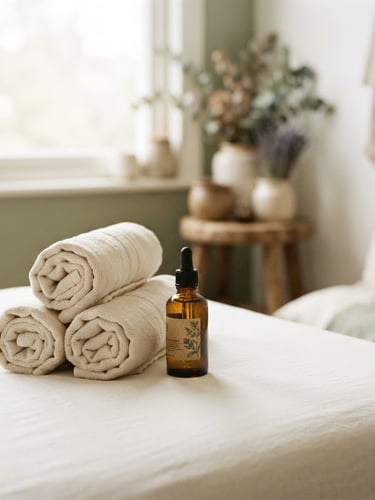 Close-up of a serene treatment room with soft light, rolled linen towels on a pristine white surface, and a single botanical product bottle, shallow depth of field, 35mm