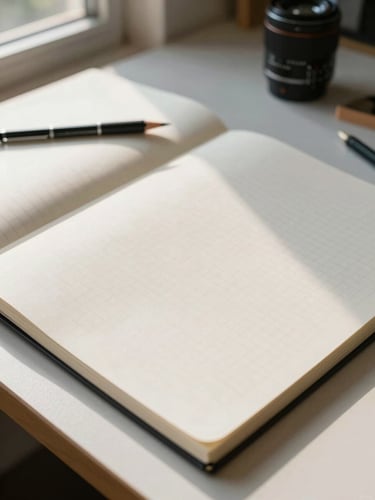 Wide-angle view of a clean studio workspace — an open sketchbook with precise grid lines, a mechanical pencil resting at the edge, warm window light raking across the paper from the upper left, generous empty space to the right