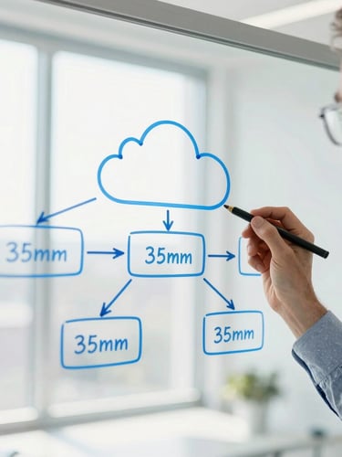 Bright high-key corporate photography, close-up of a senior systems architect sketching a clean cloud pipeline on a glass whiteboard, natural window light, sharp focus, 35mm