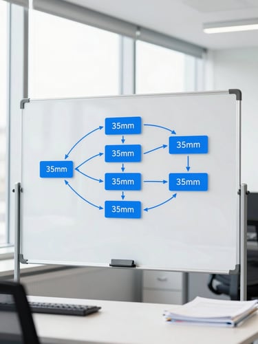 Bright high-key corporate photography, a clean modern tech office with natural window light and vibrant blue accents, a systems architect whiteboarding a database schema, sharp focus, 35mm