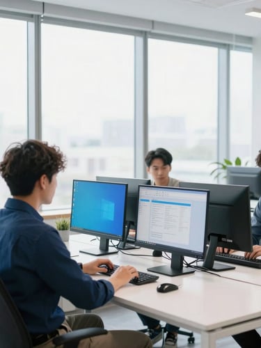 Bright high-key corporate workspace with natural window light, software developers collaborating around a clean white table, sharp focus, 35mm
