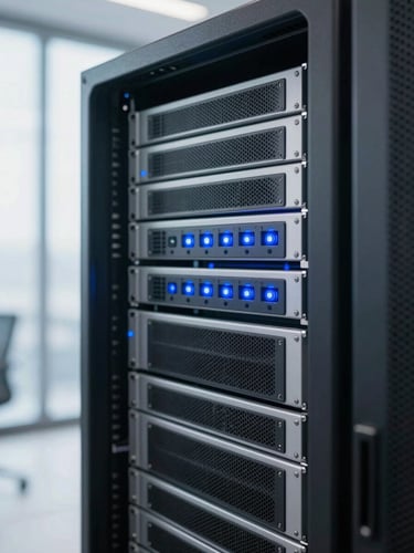 Macro shot of a clean server rack with soft blue indicator lights, bright high-key corporate photography, natural window light, sharp focus, 35mm