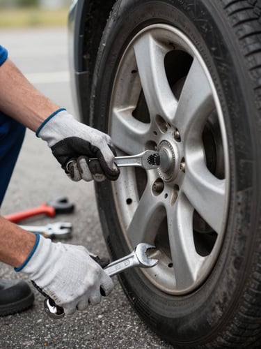 Extreme close-up of a technician's gloved hands using a wrench to remove a flat tire from a vehicle wheel hub, harsh overcast daylight, asphalt road surface visible below, tools laid out in background