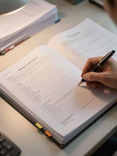 Close overhead view of a professional desk under warm tungsten task light — a thick stack of redacted medical records laid flat, one hand resting on an open chart page mid-review, a mechanical pencil and annotation tabs visible at the edge