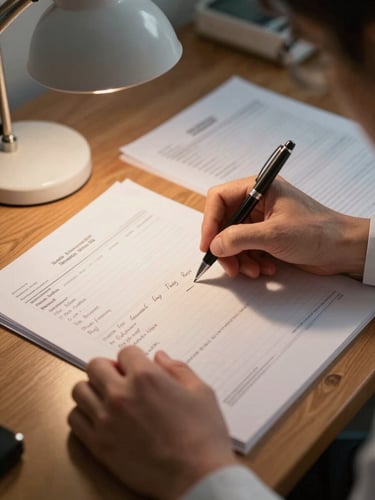 Close overhead shot of expert hands annotating a dense medical record on a wooden desk, pen resting mid-notation, warm tungsten task lamp casting directional light across the document pages, selective focus on handwritten margin notes