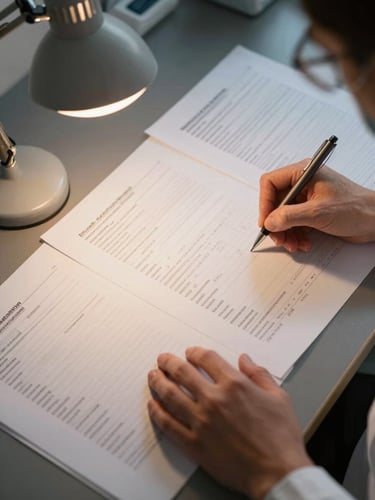 Close overhead view of expert hands annotating a spread of medical records on a dark desk, warm tungsten task lamp casting focused light across the document pages, handwritten margin notes visible