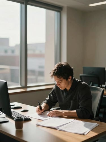 Medium environmental shot of a quiet professional office interior during active work — natural daylight from a tall window falling across a desk where a single figure is seated, head down, annotating a spread of open documents, ambient warm tones, no faces visible