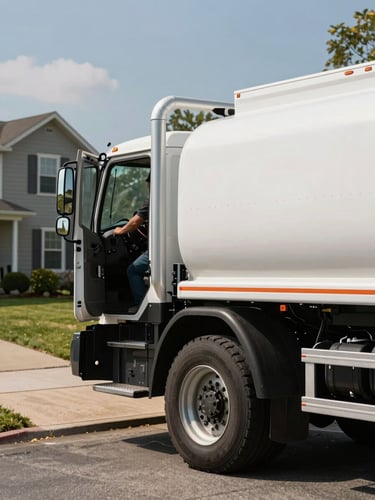 Close-up side view of a propane delivery truck cab and tank body parked at the edge of a residential driveway, driver visible through the open door stepping out, daylight casting a hard shadow along the vehicle's flank, real yard and house in the background