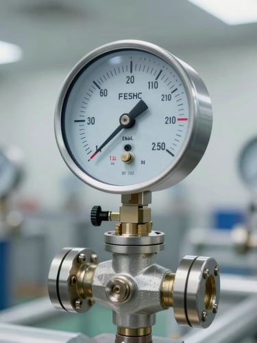 Macro shot of a calibrated pressure transmitter valve in an industrial plant, clean cool-toned ambient daylight, sharp focus on physical instrumentation, professional editorial 35mm
