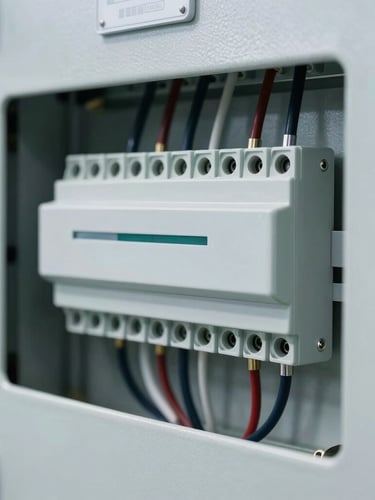 Close-up of clean electrical panels with wired terminal blocks, cool crisp daylight, sharp focus on physical wiring