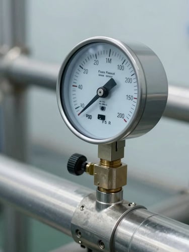 Macro shot of a calibrated physical pressure transmitter on a clean stainless steel pipe, cool industrial daylight, sharp focus, professional editorial photography