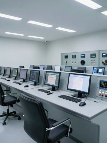 Wide-angle crisp industrial photography of a clean modern plant control room with high-tech monitors, cool-toned ambient light, 35mm lens.