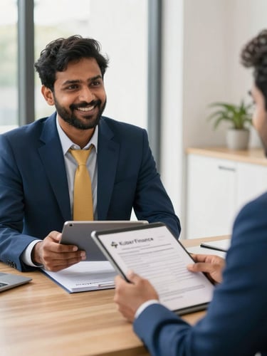 A professional Indian Kuber Finance Service representative in a clean, modern office setting, warmly greeting a small business owner while holding a tablet, with organized loan documents on the desk. Bright natural daylight, warm corporate photography.