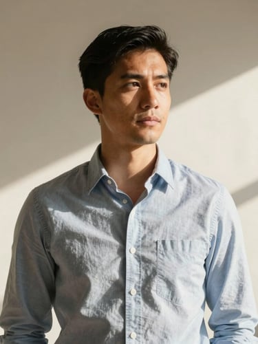 A warm, sunlit portrait of a professional accountant in a relaxed Austin studio, natural afternoon Texas light, neutral cream background, looking thoughtfully off-camera.
