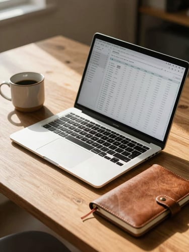 A clean, sunlit wooden desk in Austin with a modern laptop showing clean financial spreadsheets, a tactile leather notebook, and a ceramic cup, warm Texas afternoon light.
