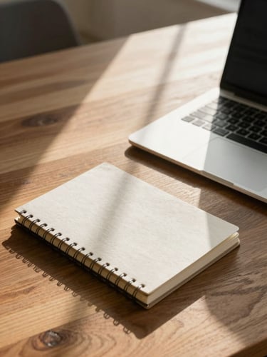 Clean, sunlit workspace in Austin, warm Texas afternoon light illuminating a wooden desk with a tactile notebook and a modern laptop, wide environmental shot.