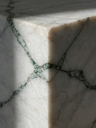Chiaroscuro shot of a raw marble slab corner, deep green veins running through soft white stone, dramatic side lighting, portrait aspect.