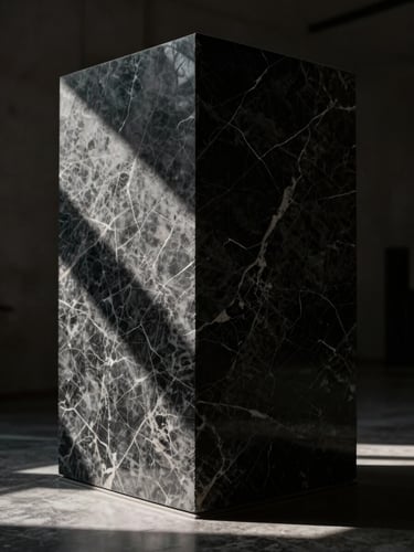 Dramatic natural light casting sharp shadows across a massive veined dark marble block, one-point perspective, moody chiaroscuro lighting, architectural detail focus.