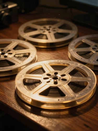 Cinematic close-up of vintage broadcast tape reels on a dark wooden workbench, warm golden light reflecting off metallic parts, dust particles visible in a single light beam, 35mm photography style