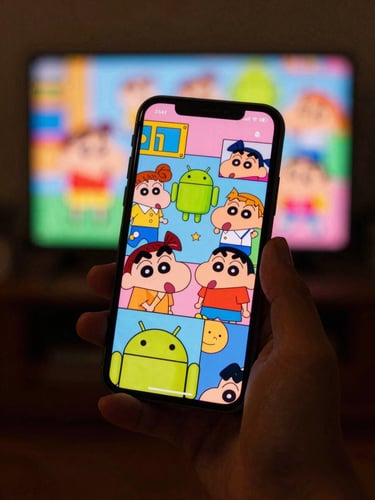 A close-up of a modern Android smartphone held in hands in a dimly lit room, displaying a vibrant, colorful classic cartoon on the screen, warm ambient glow, cinematic 35mm photography