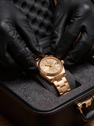 Close-up macro shot of gloved hands carefully placing a luxury gold watch into a custom secure foam-lined leather case, dramatic side lighting, 35mm