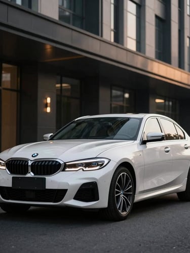 A clean white BMW 330i parked outside a modern concrete gallery, crisp overcast daylight, sleek profile angle, premium editorial photography, 35mm