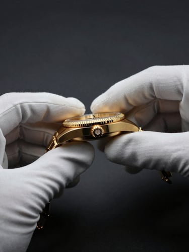 Macro editorial photograph of white-gloved hands carefully holding a luxury gold watch, dark charcoal background, dramatic low-key lighting, gold highlights, 35mm