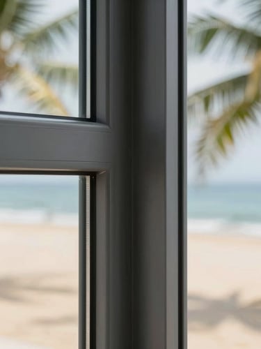 Crisp close-up architectural photograph of a sleek charcoal aluminum window frame corner joint, showing precision engineering and clean glass reflections, bright tropical daylight, 35mm lens.