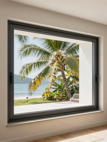 Sleek modern charcoal aluminum window frame installed in a bright contemporary living room, tropical daylight reflecting off clean glass, 35mm photography