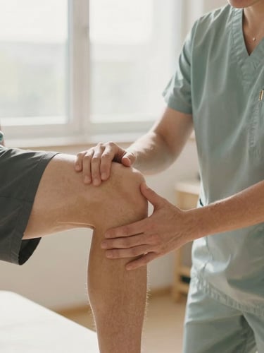 A certified therapist guiding a patient's knee alignment during a gentle rehabilitation exercise in a sunlit clinic, warm slate tones.