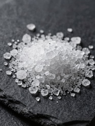 Extreme close-up of coarse salt crystals on a dark slate surface, harsh lighting creating sharp contrasts, monochromatic and highly textured.