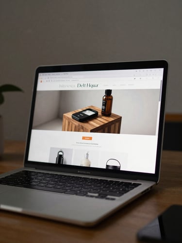 Close-up medium shot of a laptop screen displaying a polished e-commerce website for an Indonesian manufacturer, shot in soft office ambient light, desk surface visible at the bottom edge, slightly off-center to the right within the frame, muted background wall out of focus