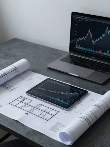 Clean overhead desk setup with architectural blueprints, a modern tablet displaying financial charts, cool overcast daylight, desaturated slate tones.