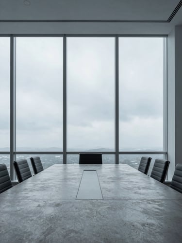 Clean architectural interior of a modern corporate boardroom with a large concrete table, floor-to-ceiling windows showing a cool overcast sky, desaturated tones.
