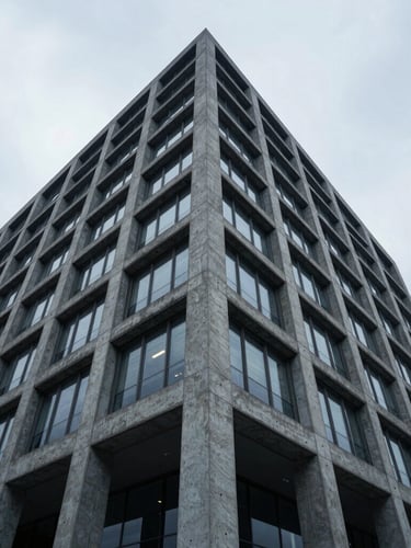Low-angle perspective of a modern concrete and steel corporate headquarters under cool overcast daylight, sharp structural lines, desaturated blue tones