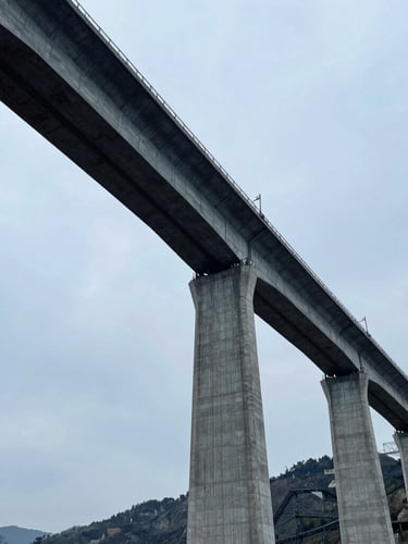 Low-angle architectural shot of a massive concrete railway bridge spanning a valley, overcast sky, desaturated blue tones, sharp structural lines.