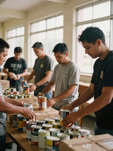 Candid documentary photograph of Catholic men in casual clothes working together to pack boxes of canned goods in a brightly lit parish hall, warm natural daylight filtering through large windows, 35mm film look.