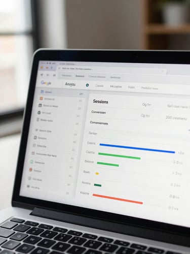 Close-up of a MacBook screen showing a Google Analytics dashboard for an Accra business client — sessions, conversion rate, and revenue metrics clearly visible — photographed in a bright studio with natural window light from the left