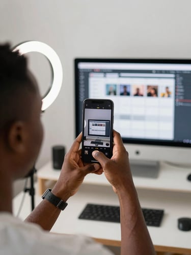 Medium shot of a content creator in a bright Accra studio holding a phone filming a short video, ring light visible to one side, a monitor showing a social media content calendar in the background